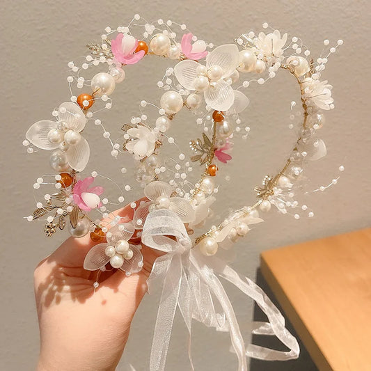 Children's Wreath Princess Hair Accessories Fairy Girl Flower Pearl Streamer Headgear Sweet Girl Snowflake Net Red Headband