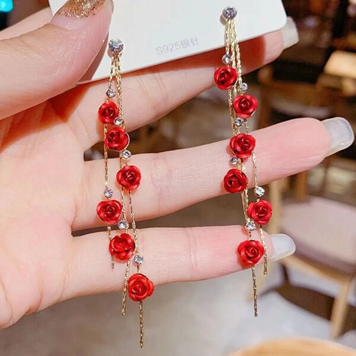 2pcs retro style long style diamond inlaid rose earrings for women's daily dating accessories - Wear and Wander
