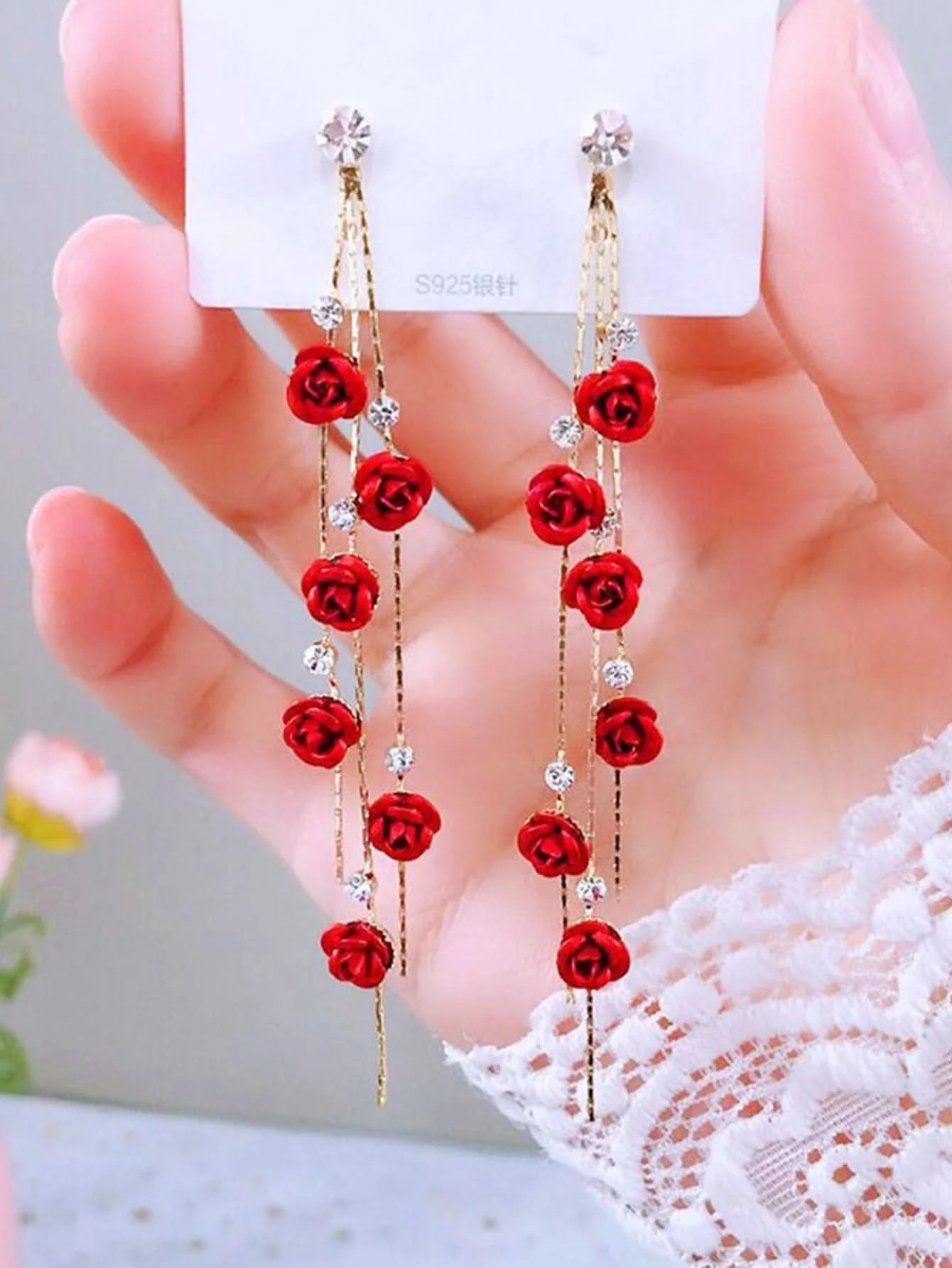 2pcs retro style long style diamond inlaid rose earrings for women's daily dating accessories - Wear and Wander