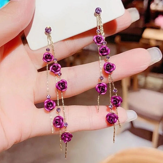 2pcs retro style long style diamond inlaid rose earrings for women's daily dating accessories - Wear and Wander