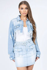 American Bazi Distressed Denim Jacket with Frayed Hem - Wear and Wander