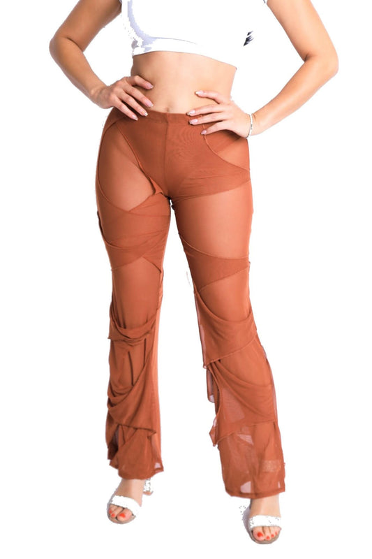 Bell Bottom Yoga Layered Mesh Flared Leg Pants Leggings Mocha S M L - Wear and Wander