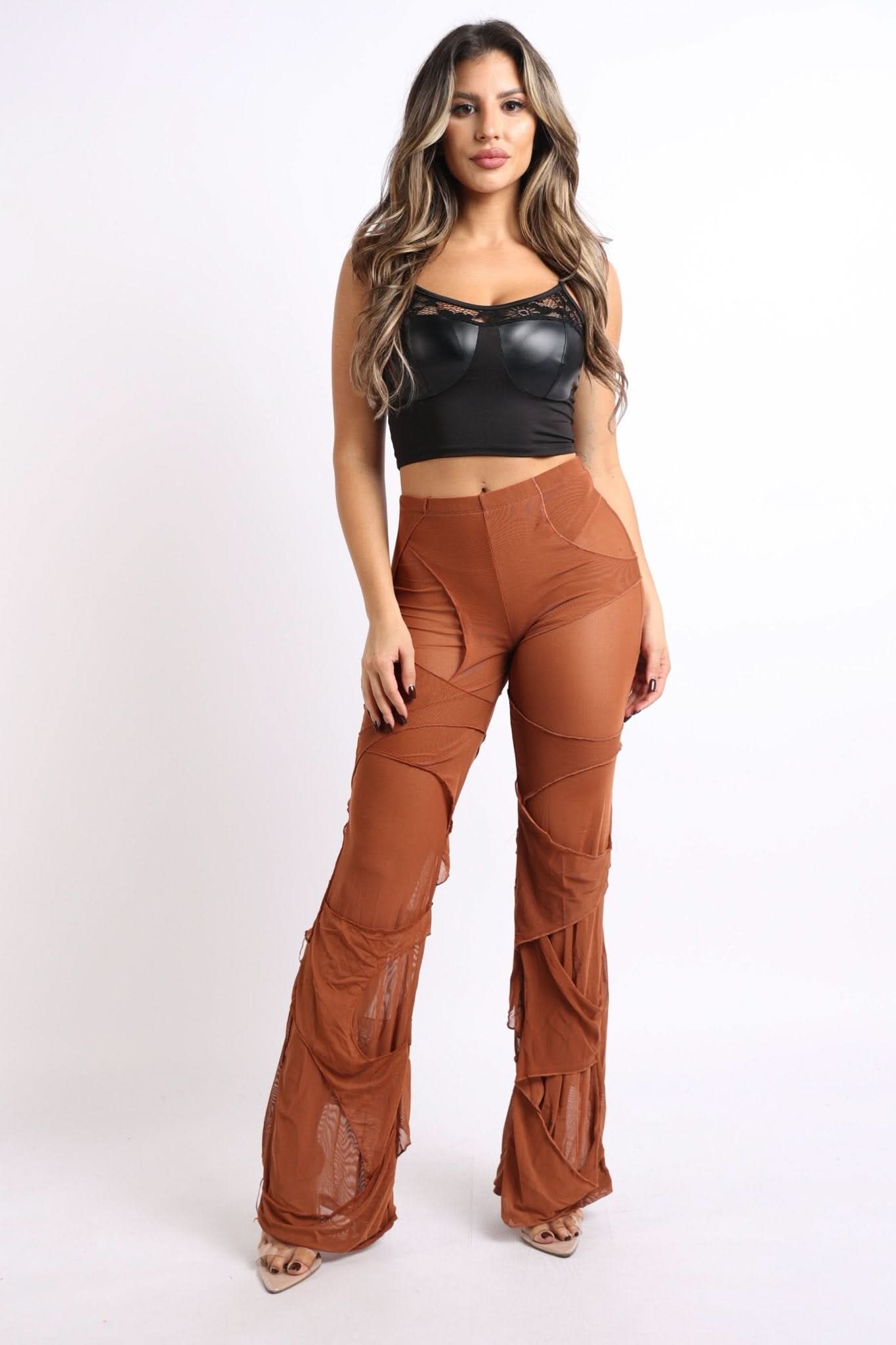 Bell Bottom Yoga Layered Mesh Flared Leg Pants Leggings Mocha S M L - Wear and Wander