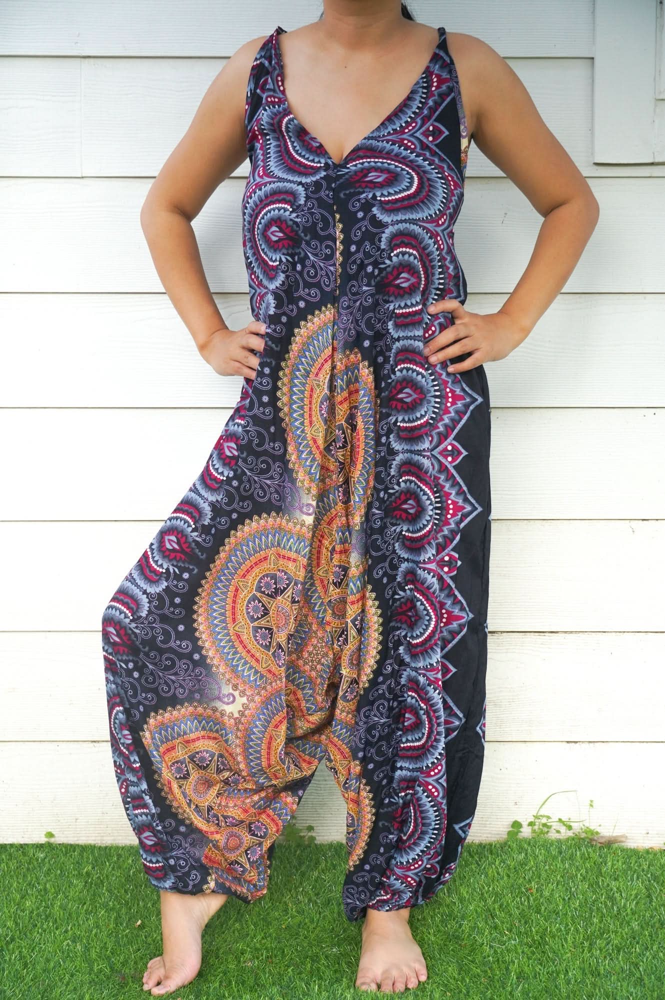 Black Mandala Boho Hippie Jumpsuit Rompers - Wear and Wander