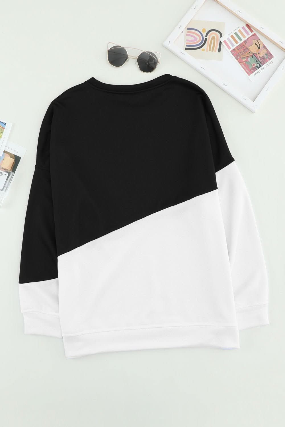 Black White Patchwork Dropped Shoulder Sleeve Sweatshirt - Wear and Wander
