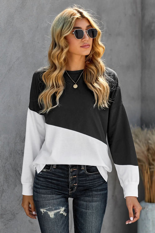 Black White Patchwork Dropped Shoulder Sleeve Sweatshirt - Wear and Wander