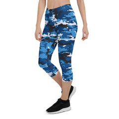 Blue Camo Capri Leggings for Women - Wear and Wander