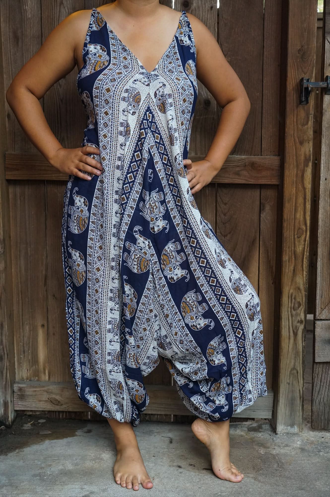 Blue Elephant Boho Hippie Jumpsuit Romper - Wear and Wander