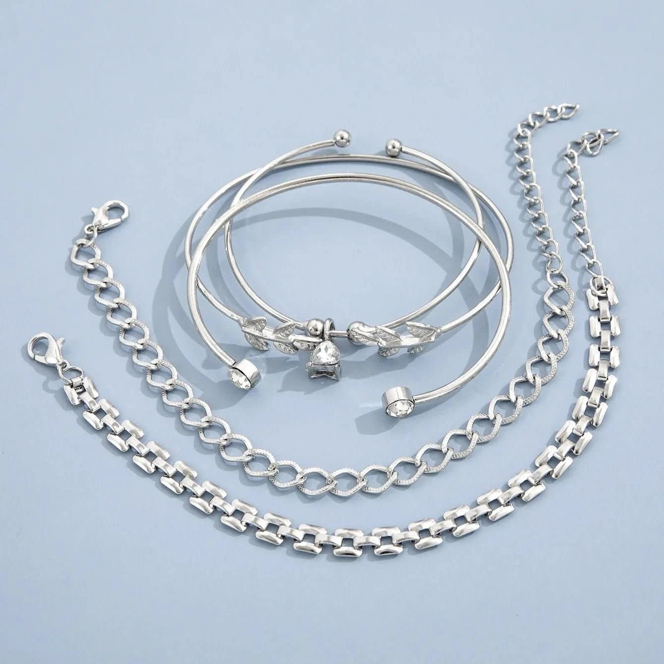 Bohemian Silver Color Geometric Link Chain Bracelet Set For Women Crystal Leaf Open Cuff Bangle Female Boho Jewelry Accessory - Wear and Wander
