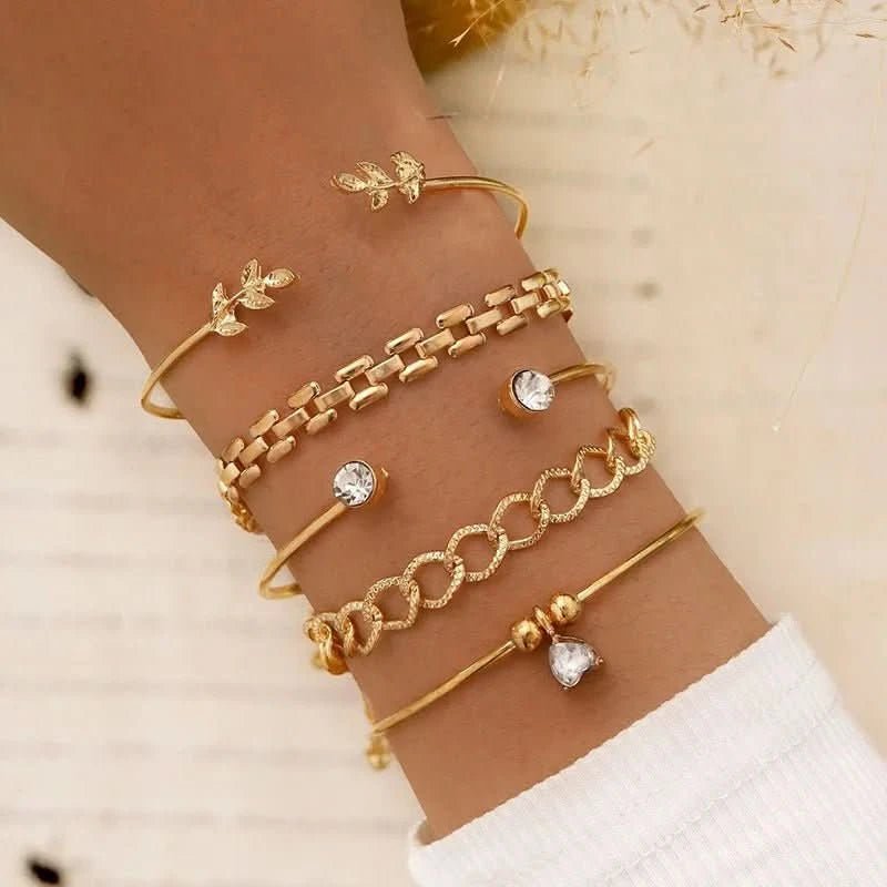 Bohemian Silver Color Geometric Link Chain Bracelet Set For Women Crystal Leaf Open Cuff Bangle Female Boho Jewelry Accessory - Wear and Wander