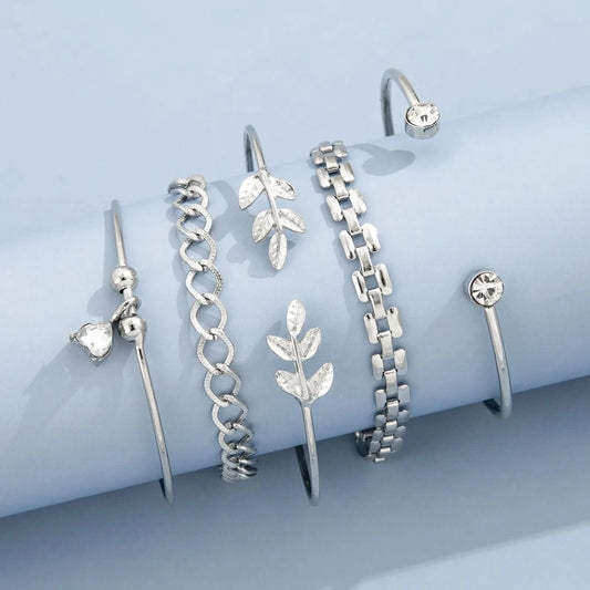 Bohemian Silver Color Geometric Link Chain Bracelet Set For Women Crystal Leaf Open Cuff Bangle Accessory - Wear and Wander