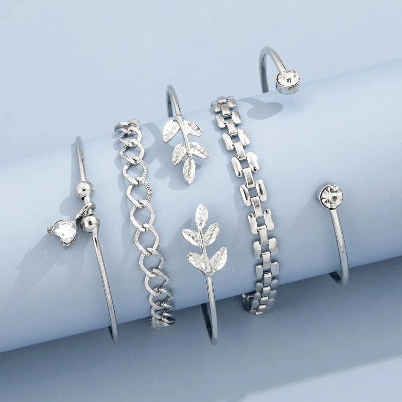 Bohemian Silver Color Geometric Link Chain Bracelet Set For Women Crystal Leaf Open Cuff Bangle Female Boho Jewelry Accessory - Wear and Wander