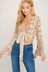 Boho Bell - Sleeve Crop Top with Tie - Front - Wear and Wander