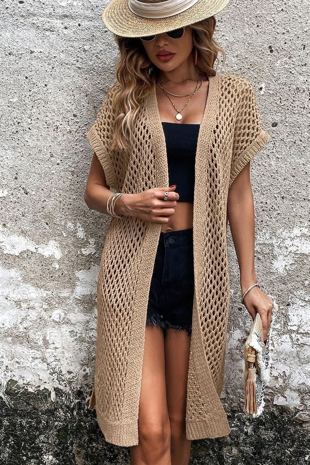 Camel Batwing Sleeve Pointelle Knit Open Front Cardigan - Wear and Wander