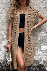 Camel Batwing Sleeve Pointelle Knit Open Front Cardigan - Wear and Wander