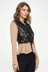 Chic Sheer Lace Peplum Blouse with Faux Leather Accents - Wear and Wander