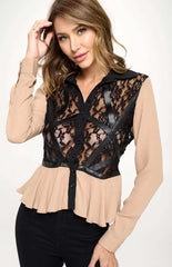 Chic Sheer Lace Peplum Blouse with Faux Leather Accents - Wear and Wander