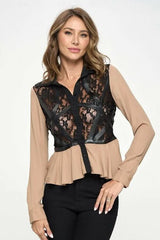Chic Sheer Lace Peplum Blouse with Faux Leather Accents - Wear and Wander