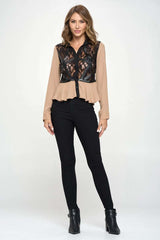 Chic Sheer Lace Peplum Blouse with Faux Leather Accents - Wear and Wander