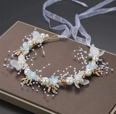 Children's Wreath Princess Hair Accessories Fairy Girl Flower Pearl Streamer Headgear Sweet Girl Snowflake Net Red Headband - Wear and Wander