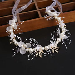 Children's Wreath Princess Hair Accessories Fairy Girl Flower Pearl Streamer Headgear Sweet Girl Snowflake Net Red Headband - Wear and Wander