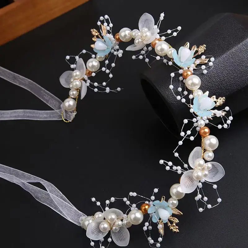 Children's Wreath Princess Hair Accessories Fairy Girl Flower Pearl Streamer Headgear Sweet Girl Snowflake Net Red Headband - Wear and Wander