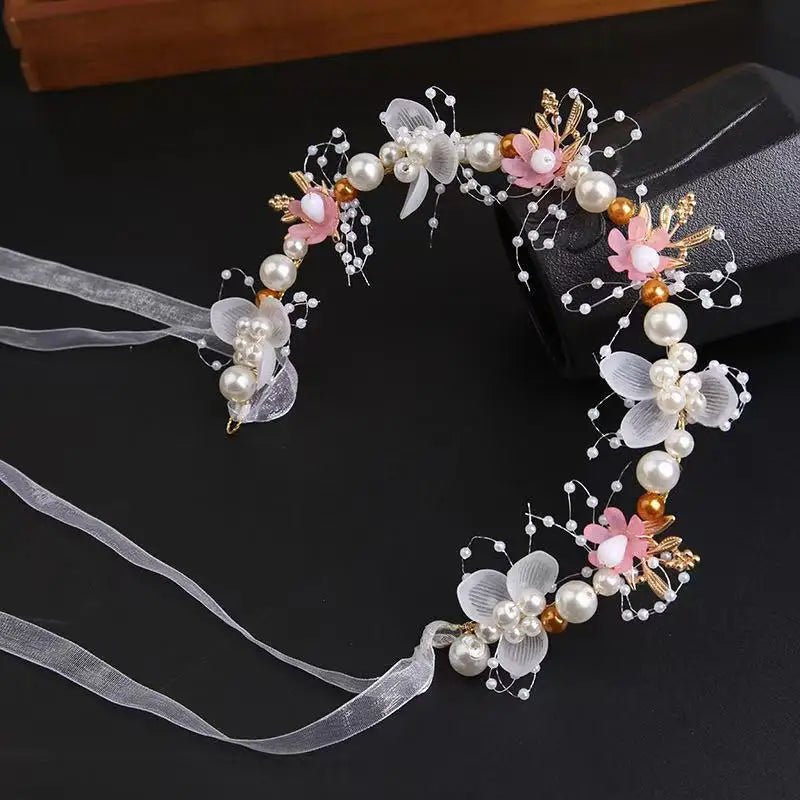 Children's Wreath Princess Hair Accessories Fairy Girl Flower Pearl Streamer Headgear Sweet Girl Snowflake Net Red Headband - Wear n Wander