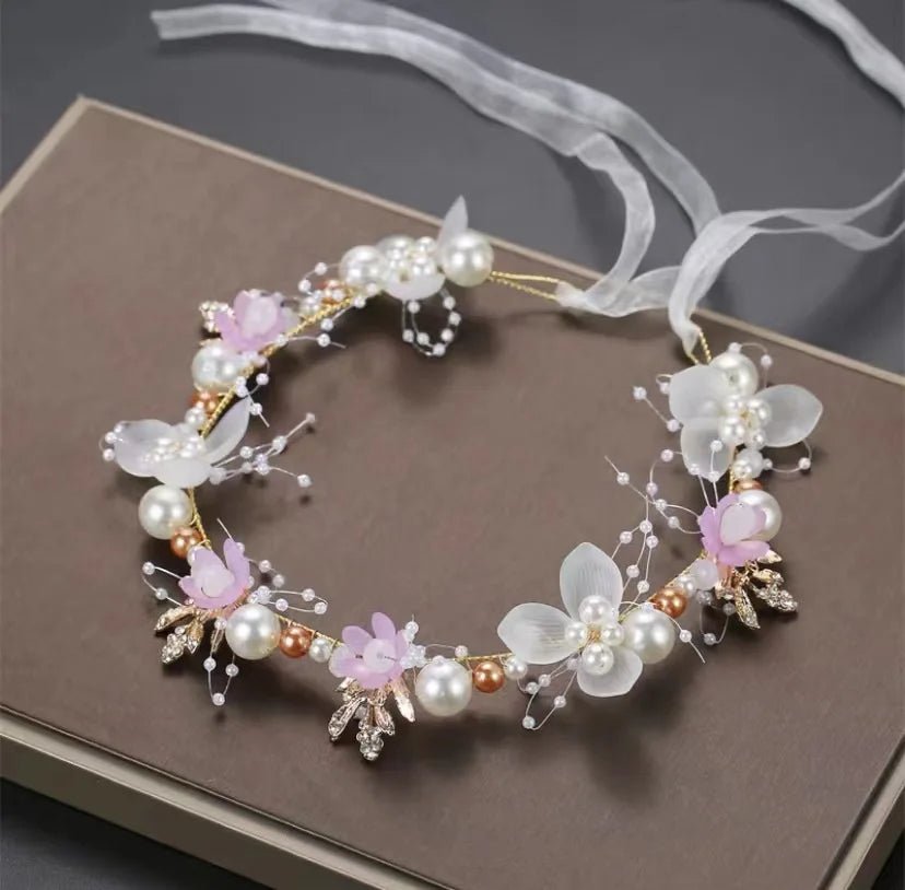 Children's Wreath Princess Hair Accessories Fairy Girl Flower Pearl Streamer Headgear Sweet Girl Snowflake Net Red Headband - Wear and Wander