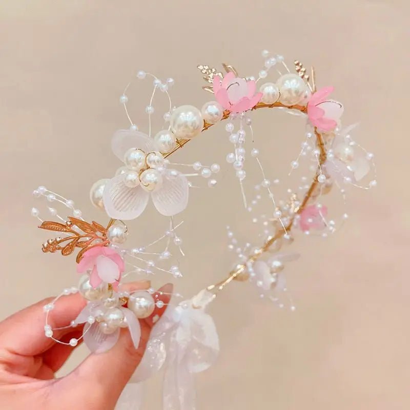 Children's Wreath Princess Hair Accessories Fairy Girl Flower Pearl Streamer Headgear Sweet Girl Snowflake Net Red Headband - Wear and Wander