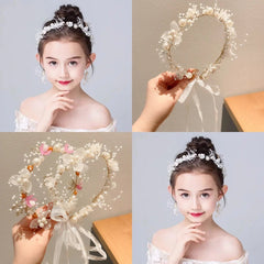 Children's Wreath Princess Hair Accessories Fairy Girl Flower Pearl Streamer Headgear Sweet Girl Snowflake Net Red Headband - Wear and Wander