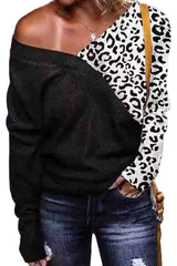 Cold Shoulder Leopard Splicing Knitted Sweater - Wear and Wander