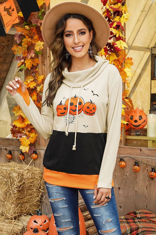 Cowl Neck Pumpkin Print Color Block Halloween Sweatshirt - Wear and Wander