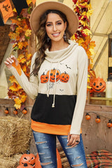 Cowl Neck Pumpkin Print Color Block Halloween Sweatshirt - Wear and Wander