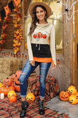 Cowl Neck Pumpkin Print Color Block Halloween Sweatshirt - Wear and Wander