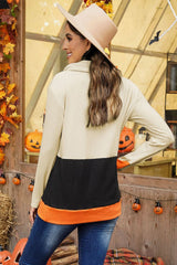 Cowl Neck Pumpkin Print Color Block Halloween Sweatshirt - Wear and Wander