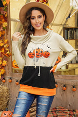 Cowl Neck Pumpkin Print Color Block Halloween Sweatshirt - Wear and Wander