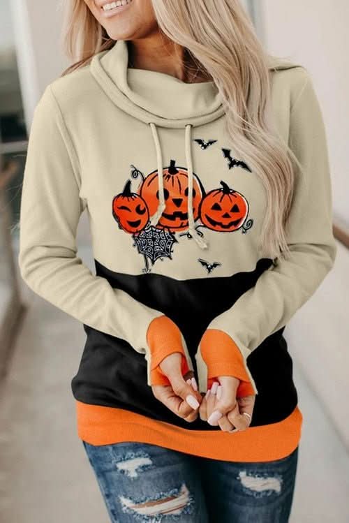 Cowl Neck Pumpkin Print Color Block Halloween Sweatshirt - Wear and Wander