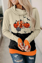 Cowl Neck Pumpkin Print Color Block Halloween Sweatshirt - Wear and Wander
