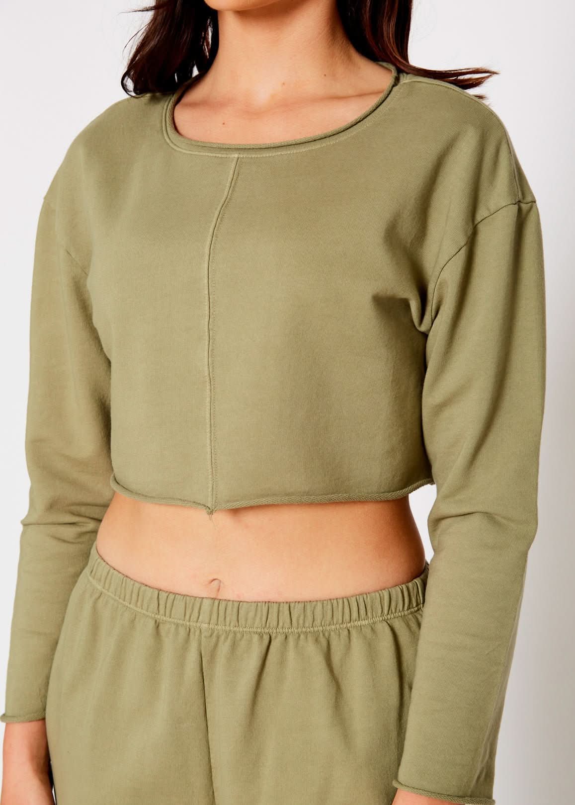 Cropped Scoop Neck Terry Sweatshirt In Olive - Wear and Wander