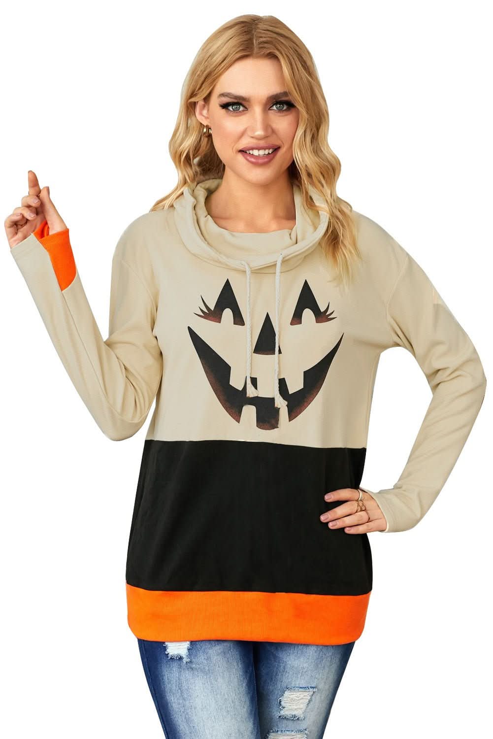 Cute Black Cowl Neck Pumpkin Print Color Block Halloween Sweatshirt - Wear and Wander