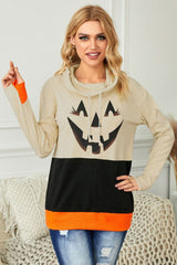 Cute Black Cowl Neck Pumpkin Print Color Block Halloween Sweatshirt - Wear and Wander