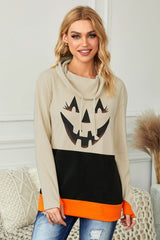 Cute Black Cowl Neck Pumpkin Print Color Block Halloween Sweatshirt - Wear and Wander