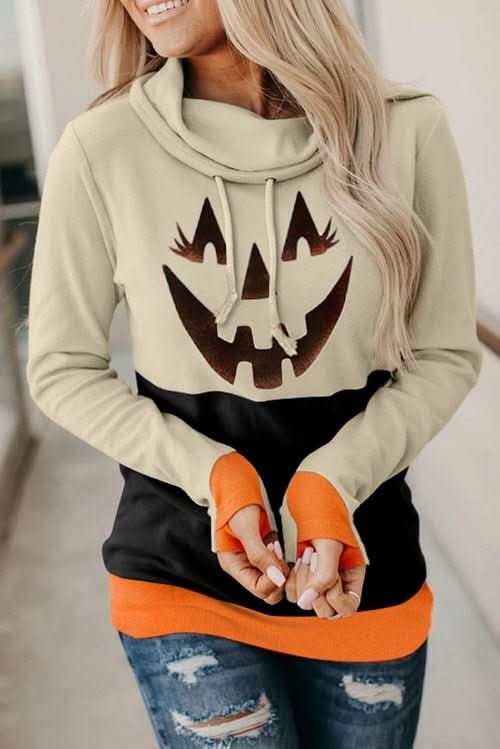Cute Black Cowl Neck Pumpkin Print Color Block Halloween Sweatshirt - Wear and Wander