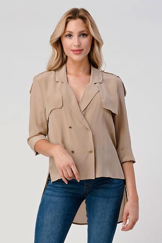 Double - Breasted Button - Up Blouse with Rolled Sleeves - Wear and Wander