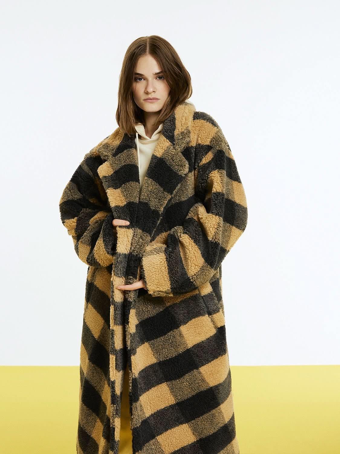 Double Breasted Plaid Faux Fur Coat - Wear and Wander