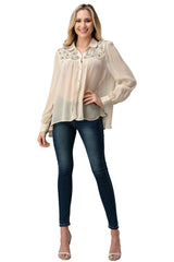Embroidered Sheer Button - Up Blouse β Casual Elegance - Wear and Wander