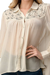 Embroidered Sheer Button - Up Blouse β Casual Elegance - Wear and Wander