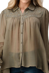 Embroidered Sheer Button - Up Blouse β Casual Elegance - Wear and Wander