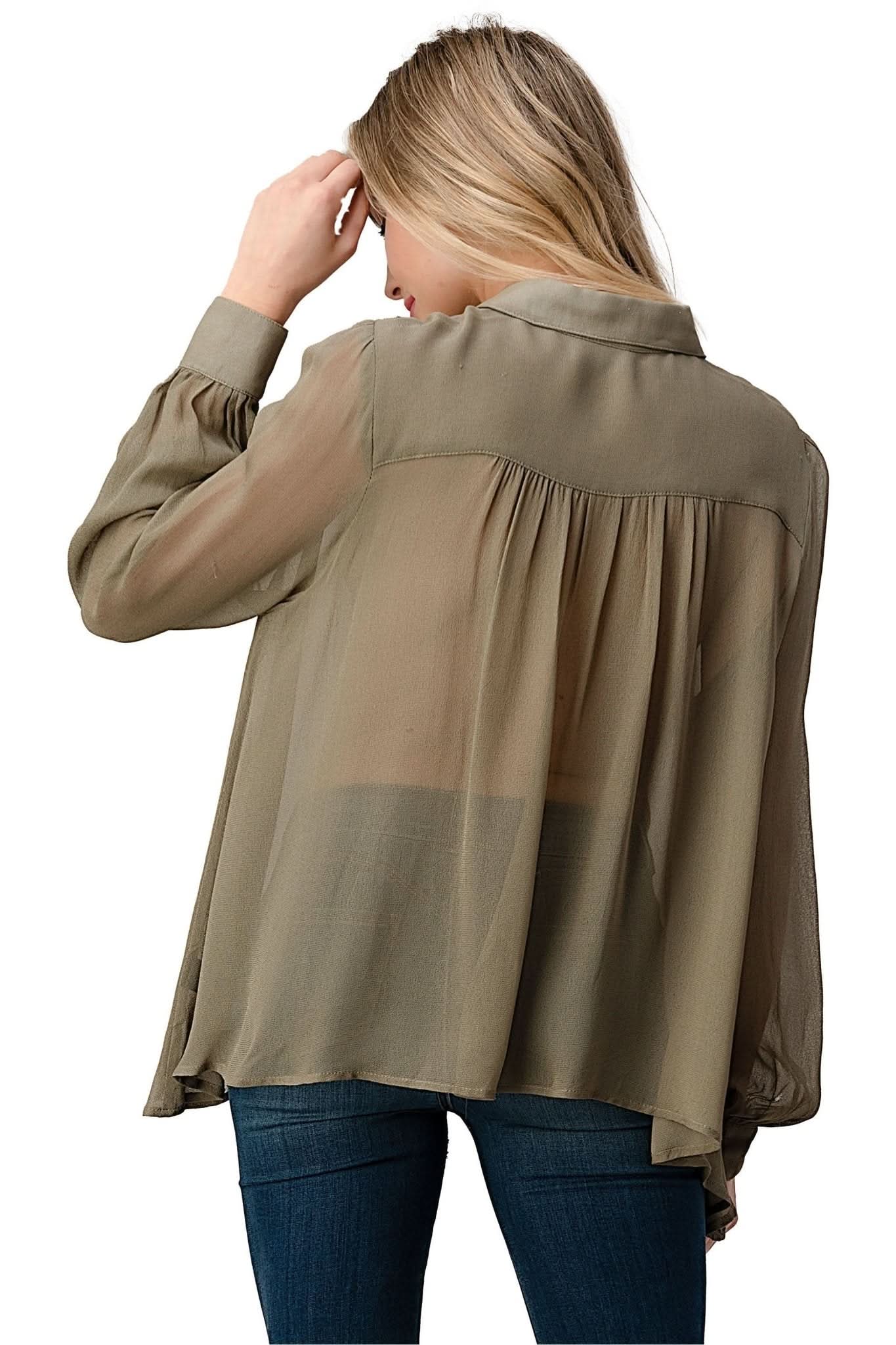 Embroidered Sheer Button - Up Blouse β Casual Elegance - Wear and Wander