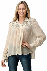 Embroidered Sheer Button - Up Blouse β Casual Elegance - Wear and Wander